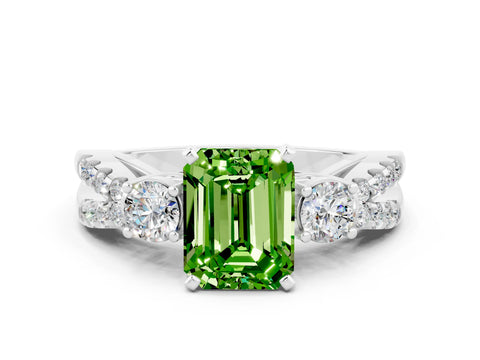 White gold Emerald Cut Peridot Three-Stone Ring with Pavé Split Shank and Four-Prong Setting