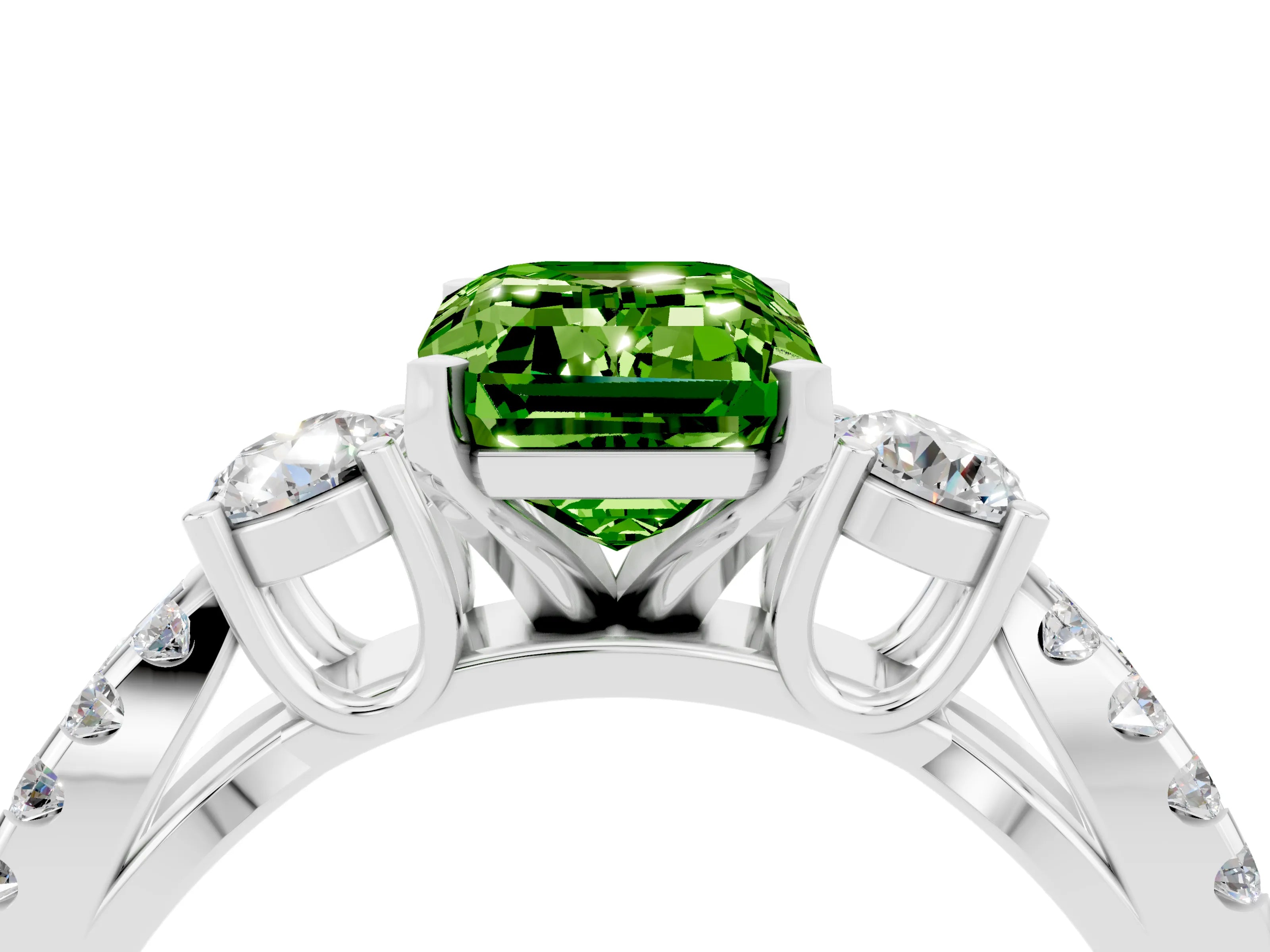 White gold Emerald Cut Peridot Three-Stone Ring with Pavé Split Shank and Four-Prong Setting_4