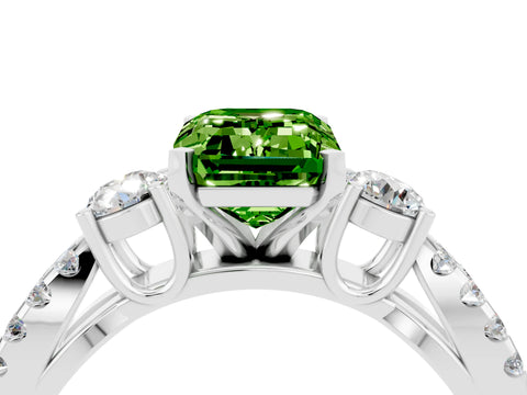 White gold Emerald Cut Peridot Three-Stone Ring with Pavé Split Shank and Four-Prong Setting_4