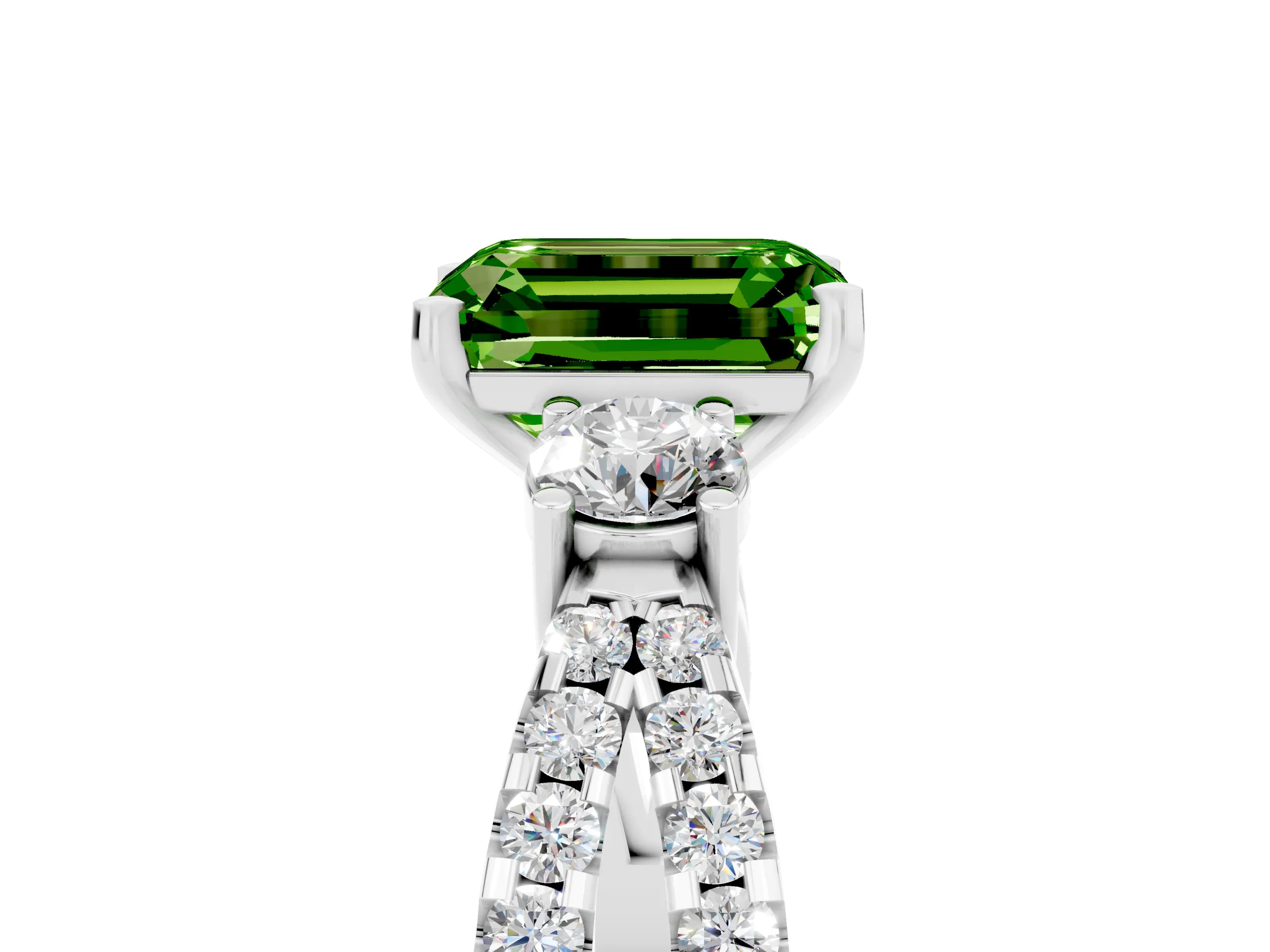 White gold Emerald Cut Peridot Three-Stone Ring with Pavé Split Shank and Four-Prong Setting_5