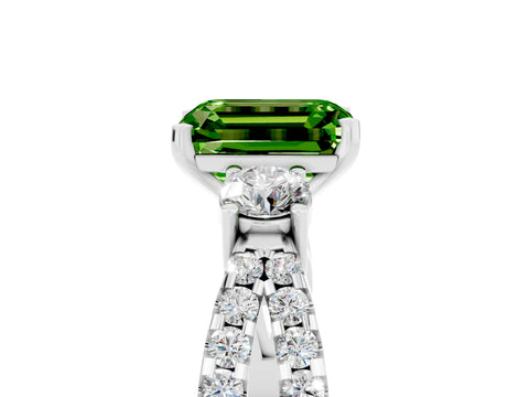 White gold Emerald Cut Peridot Three-Stone Ring with Pavé Split Shank and Four-Prong Setting_5