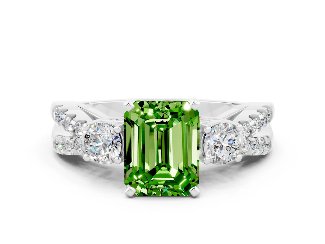White gold Emerald Cut Peridot Three-Stone Ring with Pavé Split Shank and Four-Prong Setting