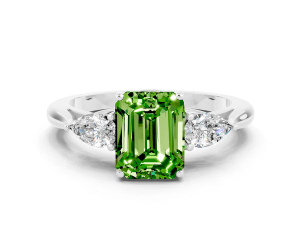 Platinum Emerald Cut Peridot Three-Stone Ring with Pear  Side Stones and Prong Setting