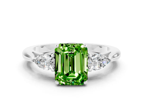 White gold Emerald Cut Peridot Three-Stone Ring with Pear Side Stones and Four-Prong Setting_12
