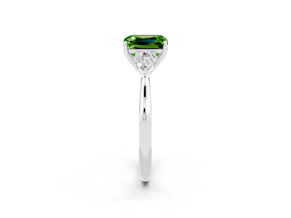Platinum Emerald Cut Peridot Three-Stone Ring with Pear  Side Stones and Prong Setting