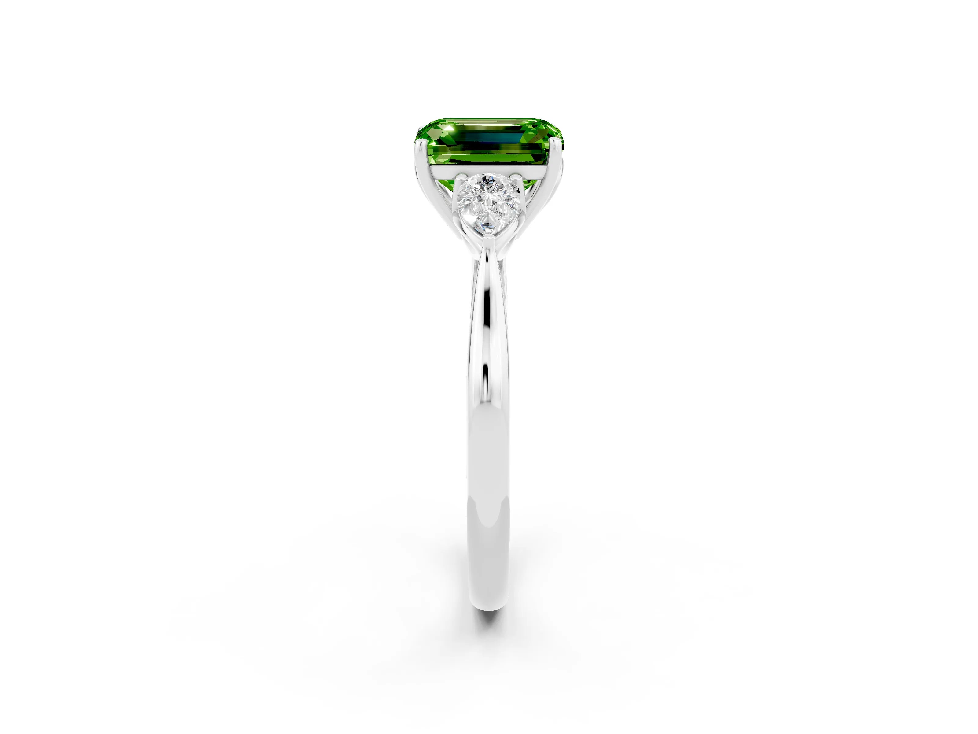 White gold Emerald Cut Peridot Three-Stone Ring with Pear Side Stones and Four-Prong Setting_14