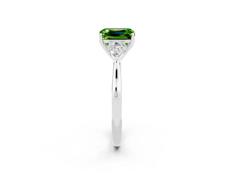 White gold Emerald Cut Peridot Three-Stone Ring with Pear Side Stones and Four-Prong Setting_14