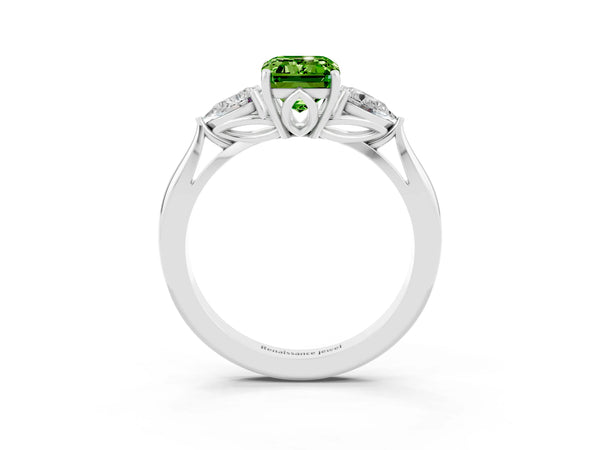 Platinum Emerald Cut Peridot Three-Stone Ring with Pear  Side Stones and Prong Setting