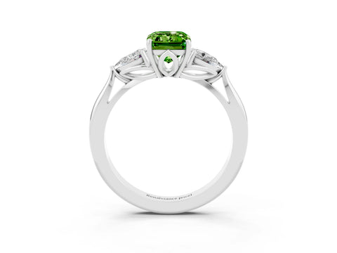 White gold Emerald Cut Peridot Three-Stone Ring with Pear Side Stones and Four-Prong Setting_15