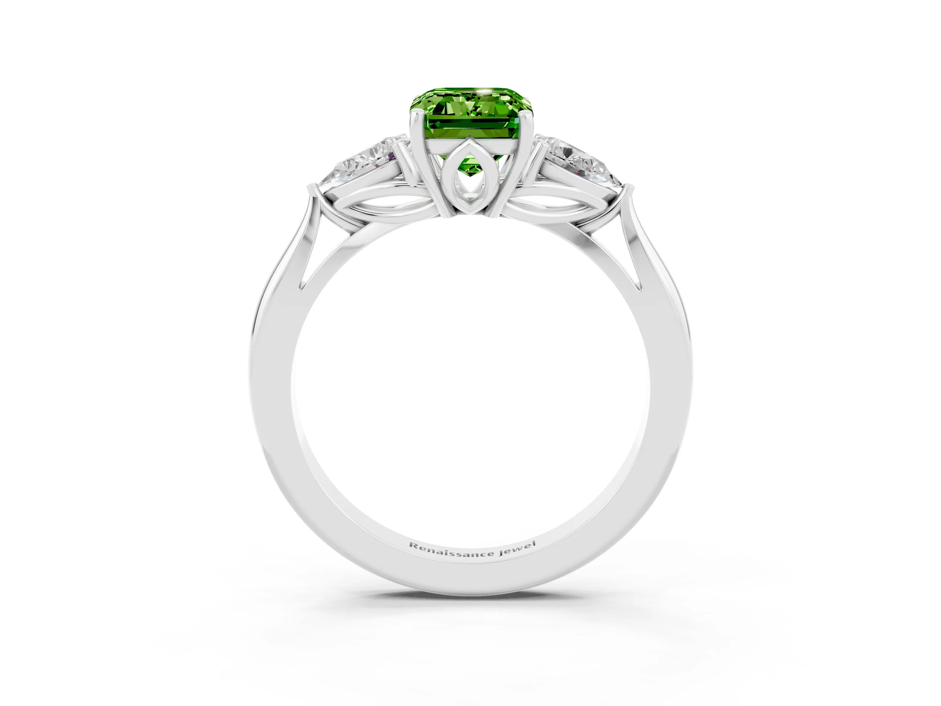 White gold Emerald Cut Peridot Three-Stone Ring with Pear Side Stones and Four-Prong Setting_15