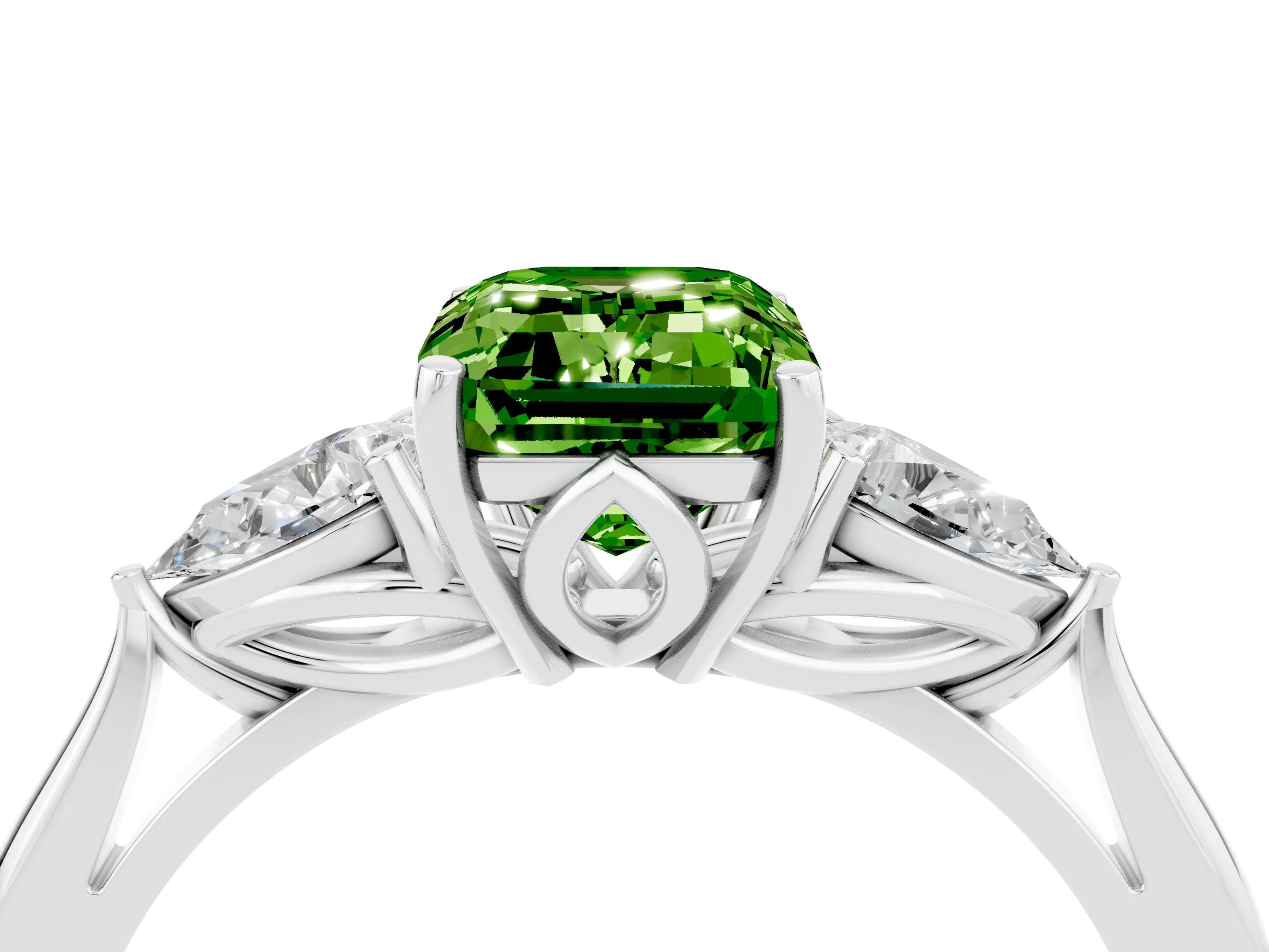 White gold Emerald Cut Peridot Three-Stone Ring with Pear Side Stones and Four-Prong Setting_16