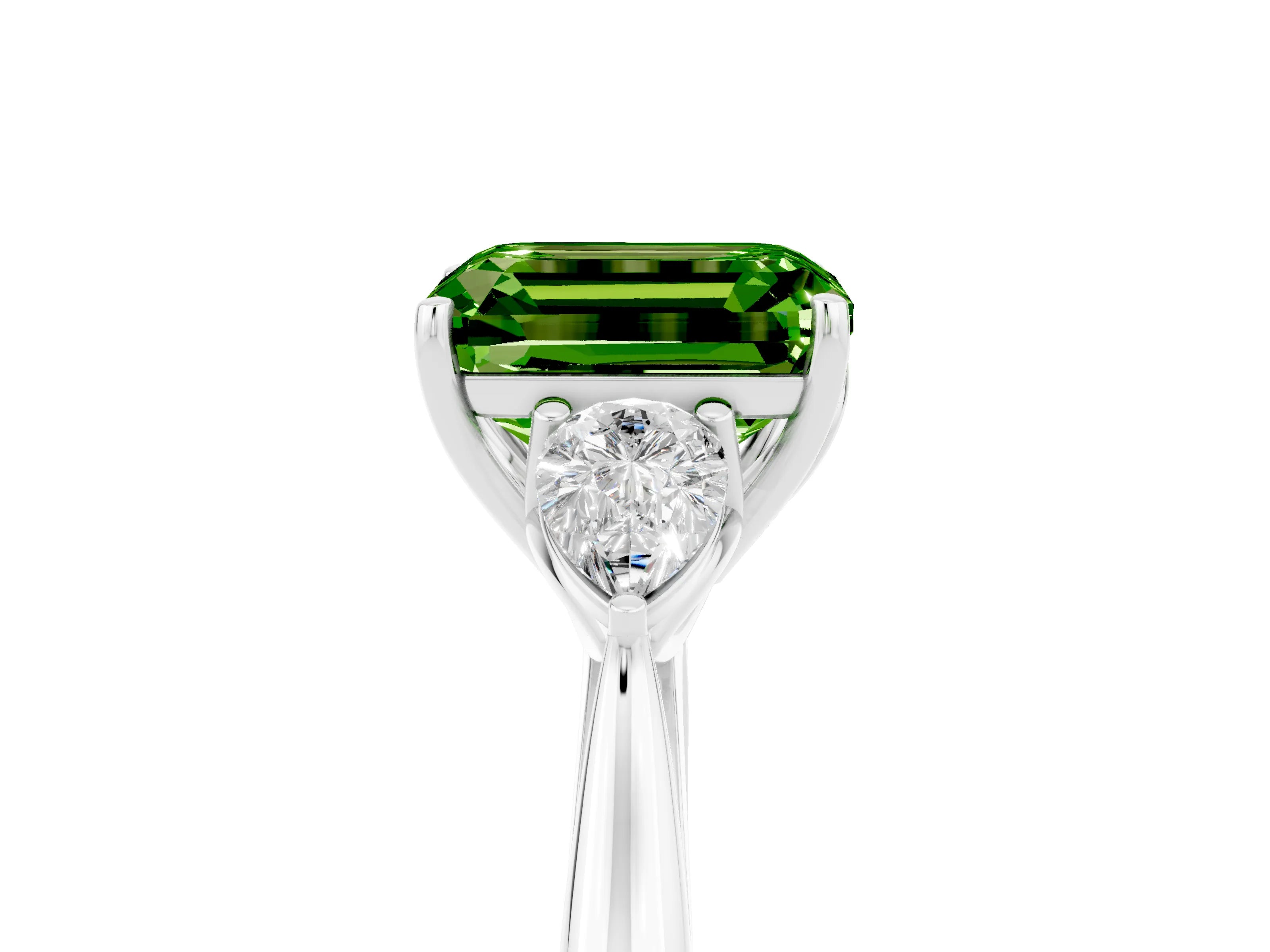 White gold Emerald Cut Peridot Three-Stone Ring with Pear Side Stones and Four-Prong Setting_17