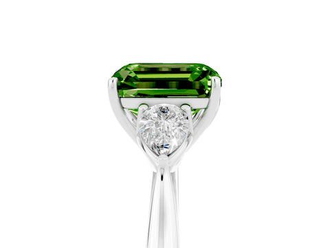 White gold Emerald Cut Peridot Three-Stone Ring with Pear Side Stones and Four-Prong Setting_17