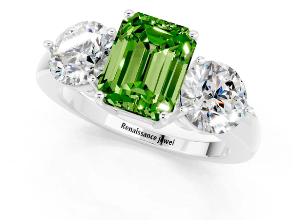 Platinum Emerald Cut Peridot Three-Stone Ring with Prong Setting and Classic Band
