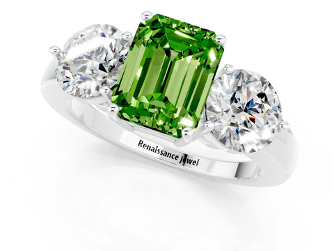 White gold Emerald Cut Peridot Three-Stone Ring with Prong Setting and Classic Band_1