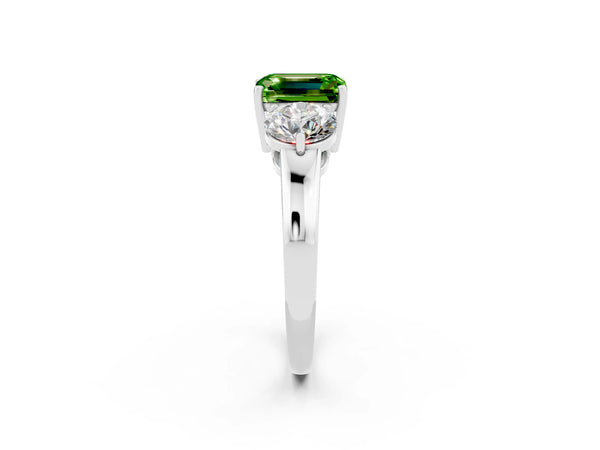 Platinum Emerald Cut Peridot Three-Stone Ring with Prong Setting and Classic Band