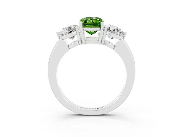 Platinum Emerald Cut Peridot Three-Stone Ring with Prong Setting and Classic Band