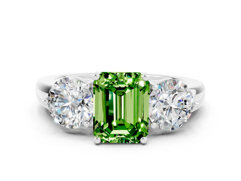 White gold Emerald Cut Peridot Three-Stone Ring with Prong Setting and Classic Band