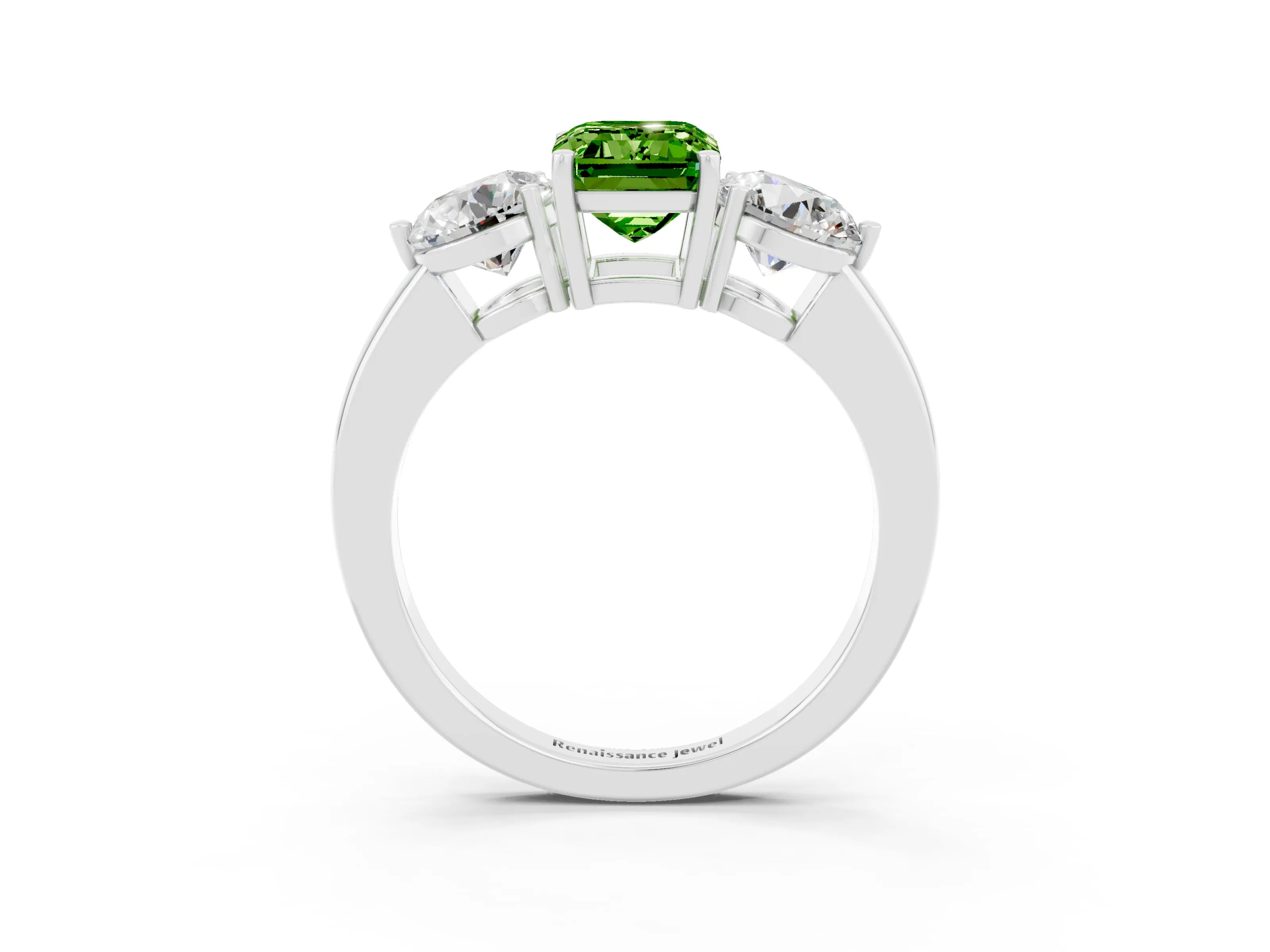 White gold Emerald Cut Peridot Three-Stone Ring with Prong Setting and Classic Band_3