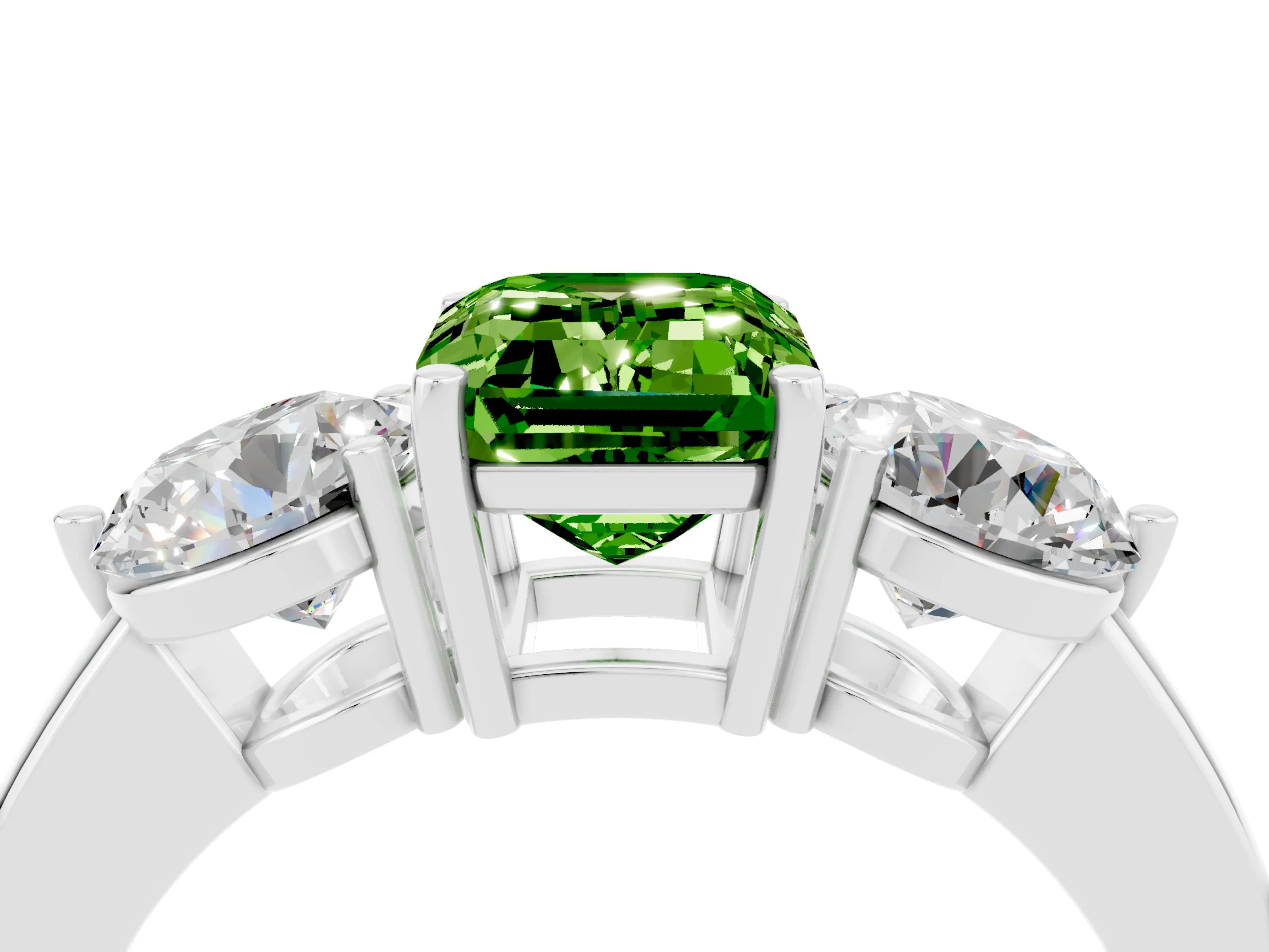 White gold Emerald Cut Peridot Three-Stone Ring with Prong Setting and Classic Band_4