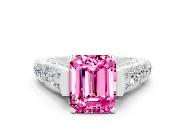 White gold Emerald Cut Pink Sapphire Classic Solitaire Ring with Pavé Band and Four-Prong Setting
