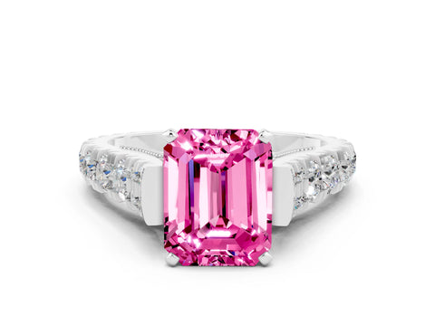 White gold Emerald Cut Pink Sapphire Classic Solitaire Ring with Pavé Band and Four-Prong Setting_12