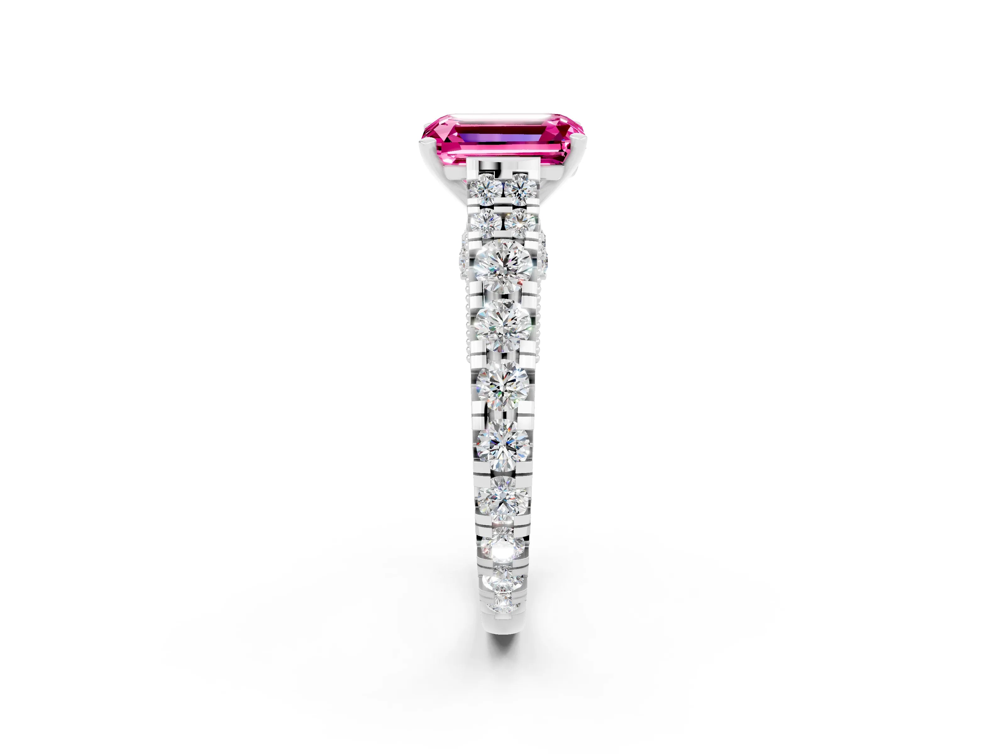 White gold Emerald Cut Pink Sapphire Classic Solitaire Ring with Pavé Band and Four-Prong Setting_14