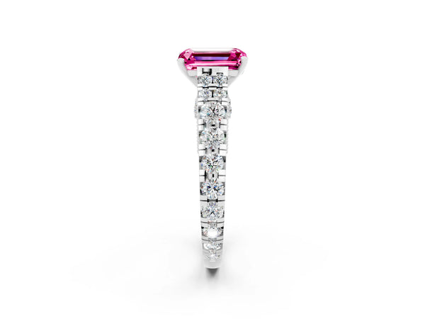 White gold Emerald Cut Pink Sapphire Classic Solitaire Ring with Pavé Band and Four-Prong Setting