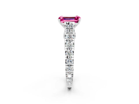 White gold Emerald Cut Pink Sapphire Classic Solitaire Ring with Pavé Band and Four-Prong Setting_14
