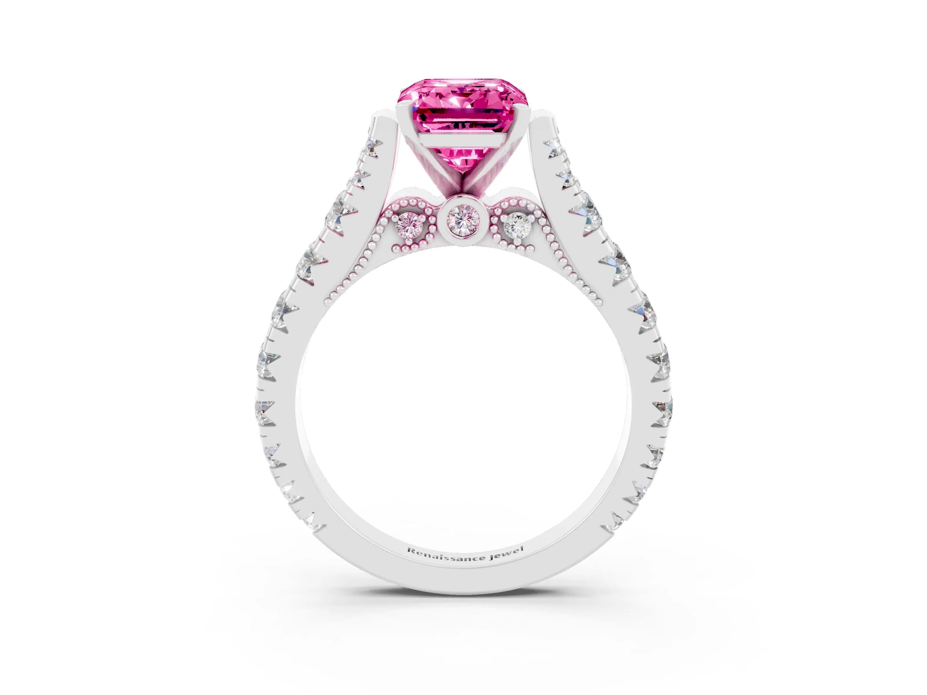White gold Emerald Cut Pink Sapphire Classic Solitaire Ring with Pavé Band and Four-Prong Setting_15