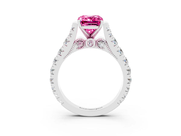 White gold Emerald Cut Pink Sapphire Classic Solitaire Ring with Pavé Band and Four-Prong Setting