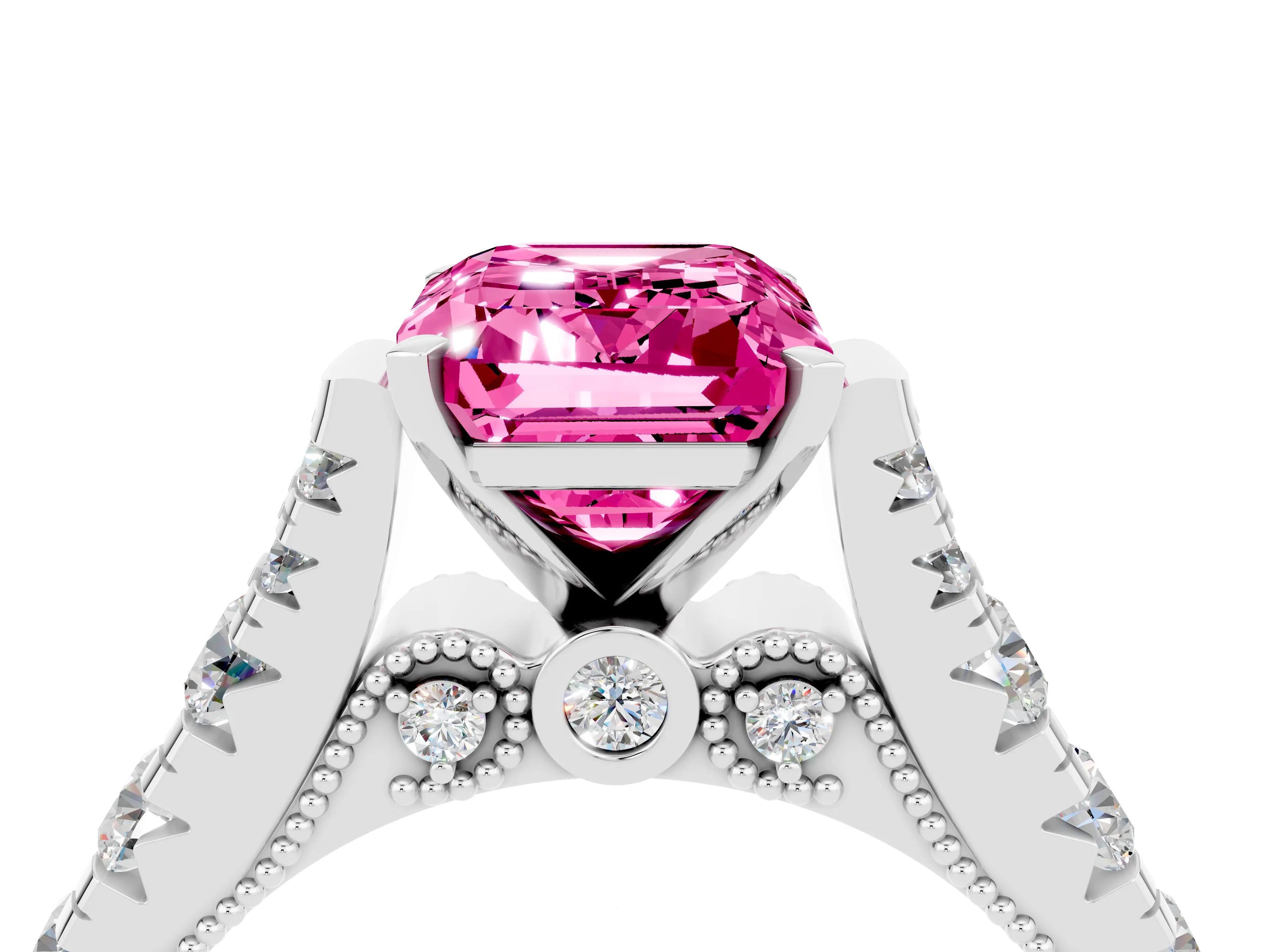 White gold Emerald Cut Pink Sapphire Classic Solitaire Ring with Pavé Band and Four-Prong Setting_16