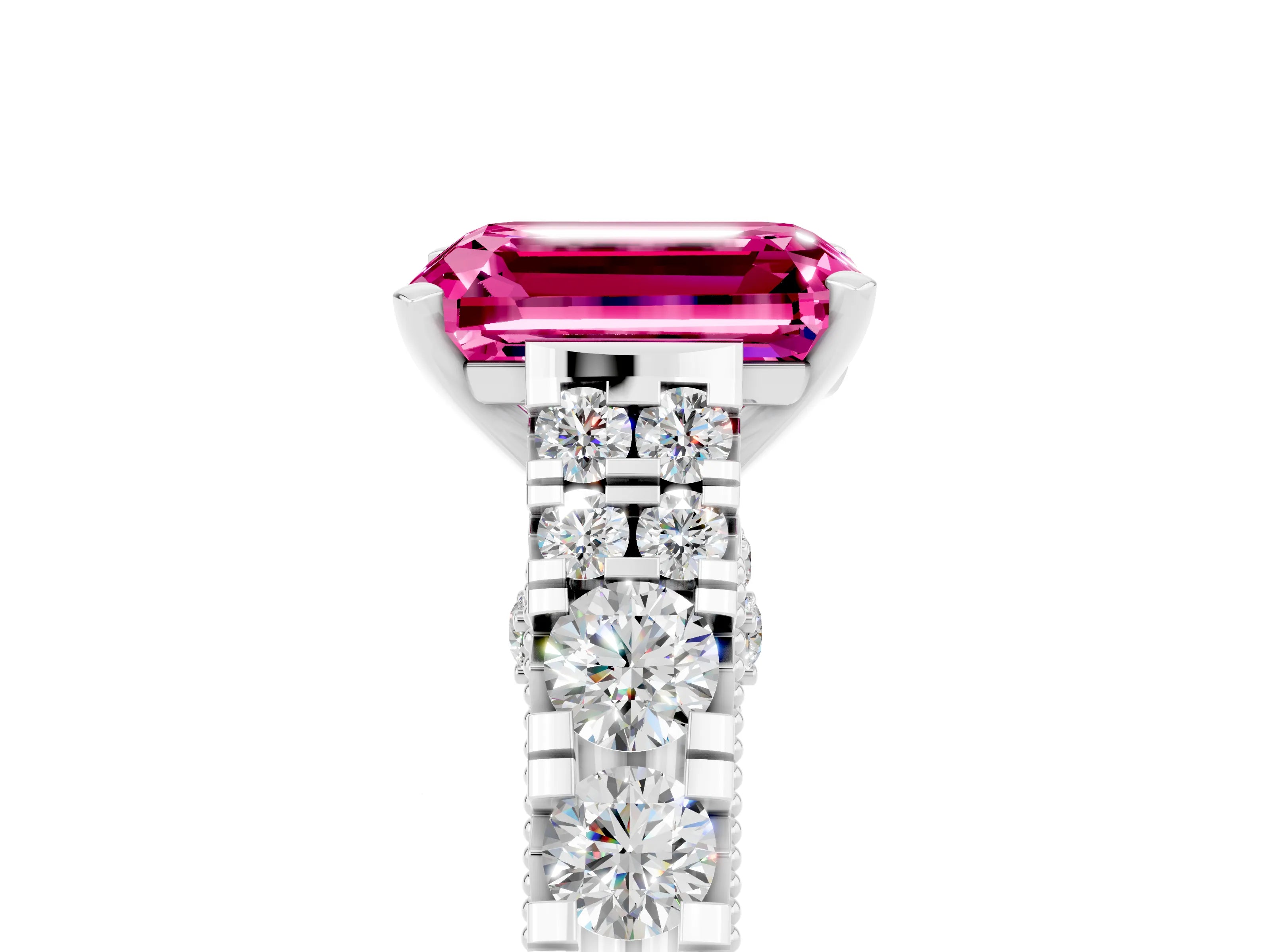 White gold Emerald Cut Pink Sapphire Classic Solitaire Ring with Pavé Band and Four-Prong Setting_17