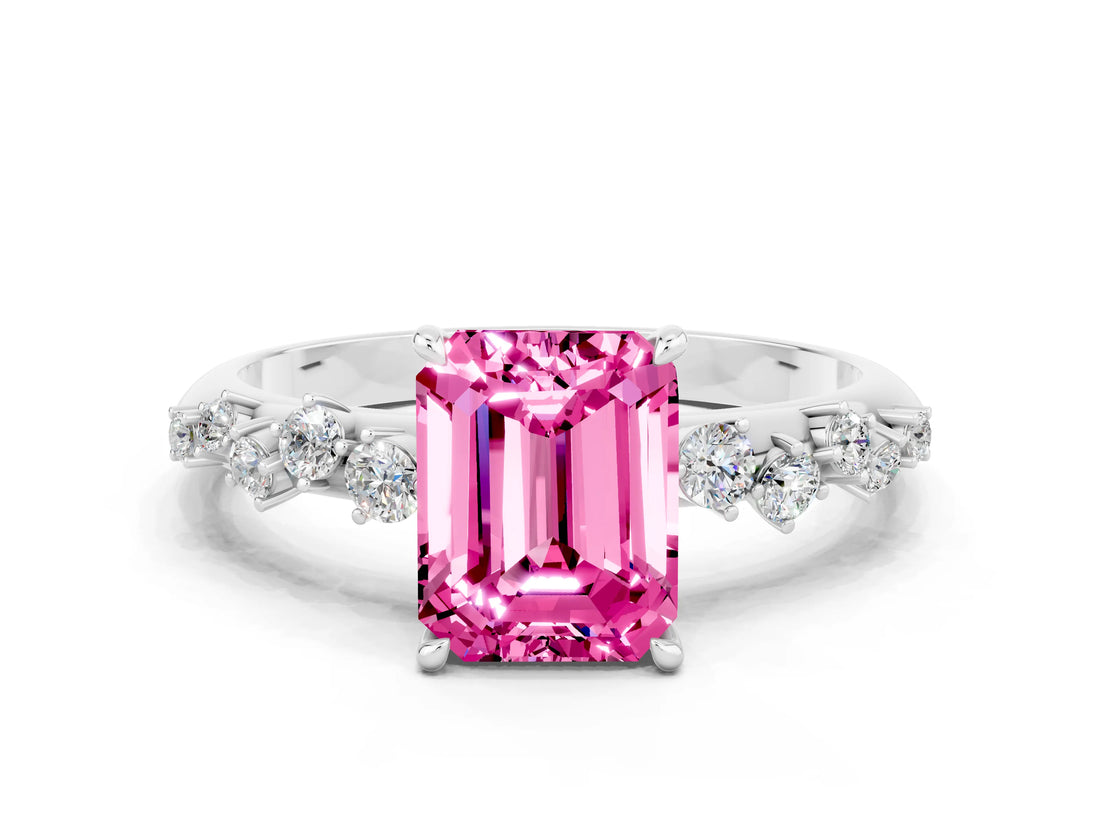 White gold Emerald Cut Pink Sapphire Cluster Side Stone Solitaire Ring with Prong Setting_66