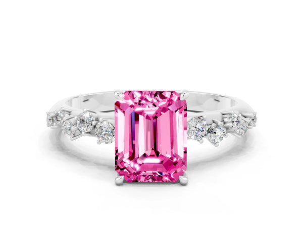 White gold Emerald Cut Pink Sapphire Cluster Side Stone Solitaire Ring with Prong Setting
