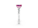 White gold Emerald Cut Pink Sapphire Cluster Side Stone Solitaire Ring with Prong Setting_68