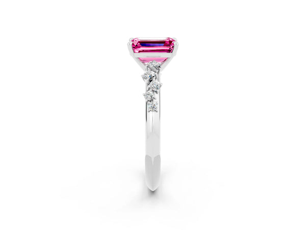 White gold Emerald Cut Pink Sapphire Cluster Side Stone Solitaire Ring with Prong Setting