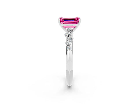 White gold Emerald Cut Pink Sapphire Cluster Side Stone Solitaire Ring with Prong Setting_68