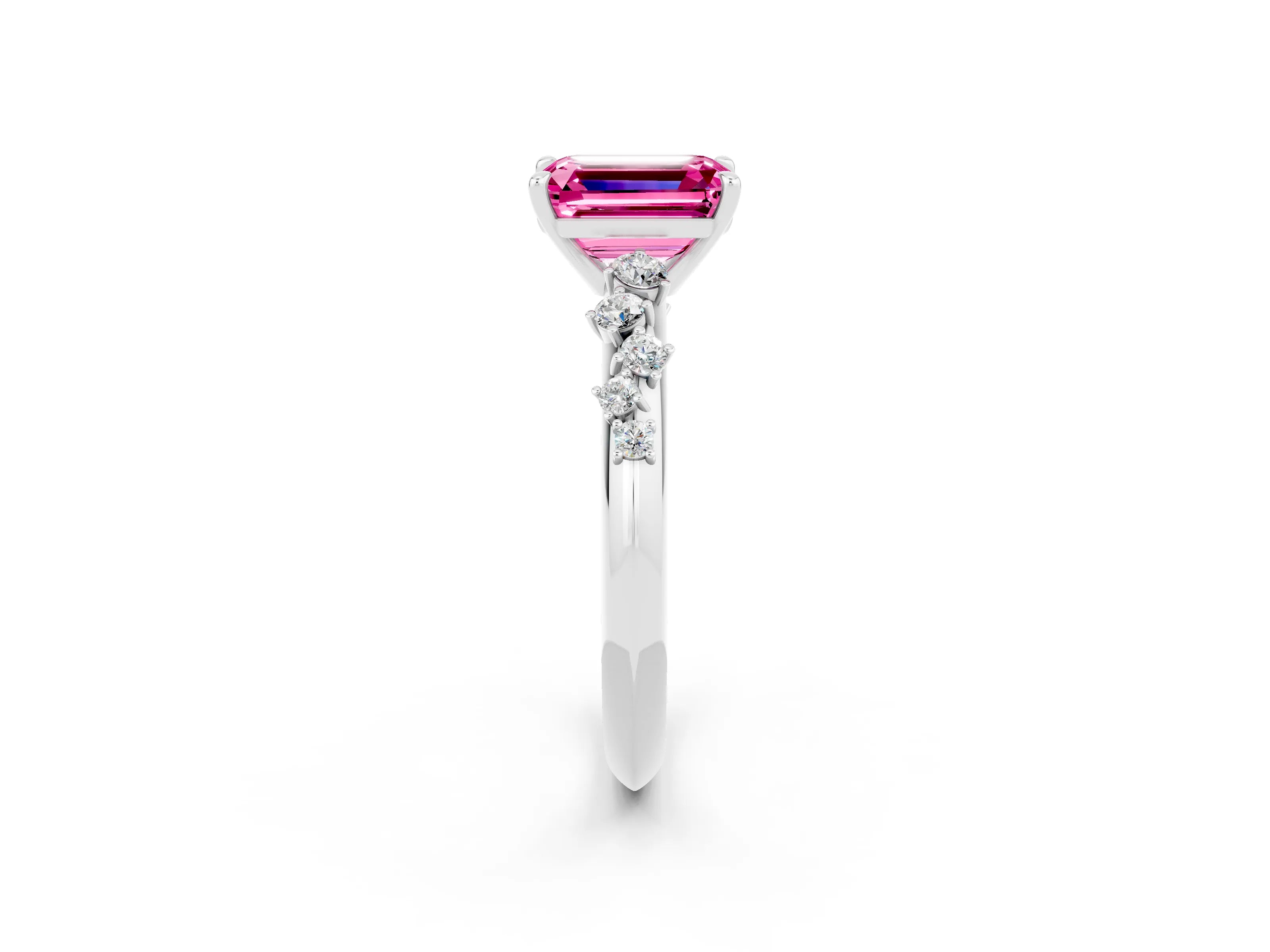 White gold Emerald Cut Pink Sapphire Cluster Side Stone Solitaire Ring with Prong Setting_71