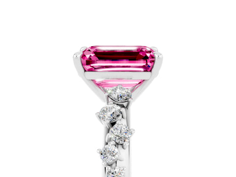 White gold Emerald Cut Pink Sapphire Cluster Side Stone Solitaire Ring with Prong Setting_71