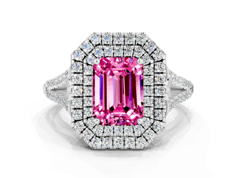White gold Emerald Cut Pink Sapphire Double Halo Ring with Pavé Band and Prong Setting_12