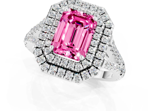 Platinum Emerald Cut Pink Sapphire Double Halo Ring with Pavé Band and Prong Setting