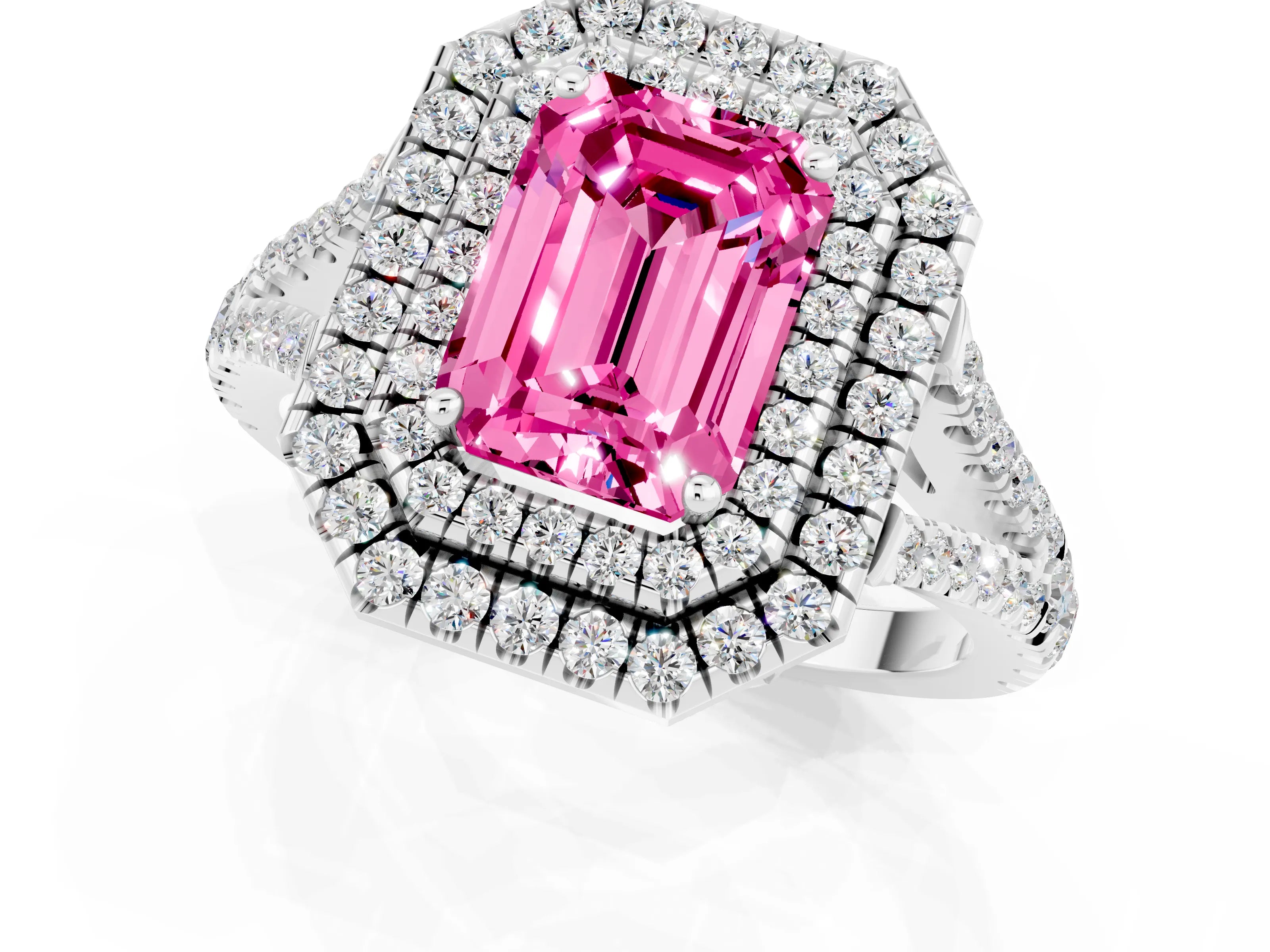 White gold Emerald Cut Pink Sapphire Double Halo Ring with Pavé Band and Prong Setting_13