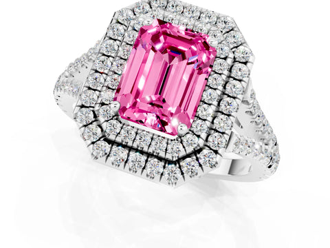 White gold Emerald Cut Pink Sapphire Double Halo Ring with Pavé Band and Prong Setting_13