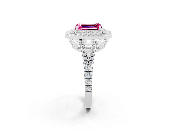 White gold Emerald Cut Pink Sapphire Double Halo Ring with Pavé Band and Prong Setting