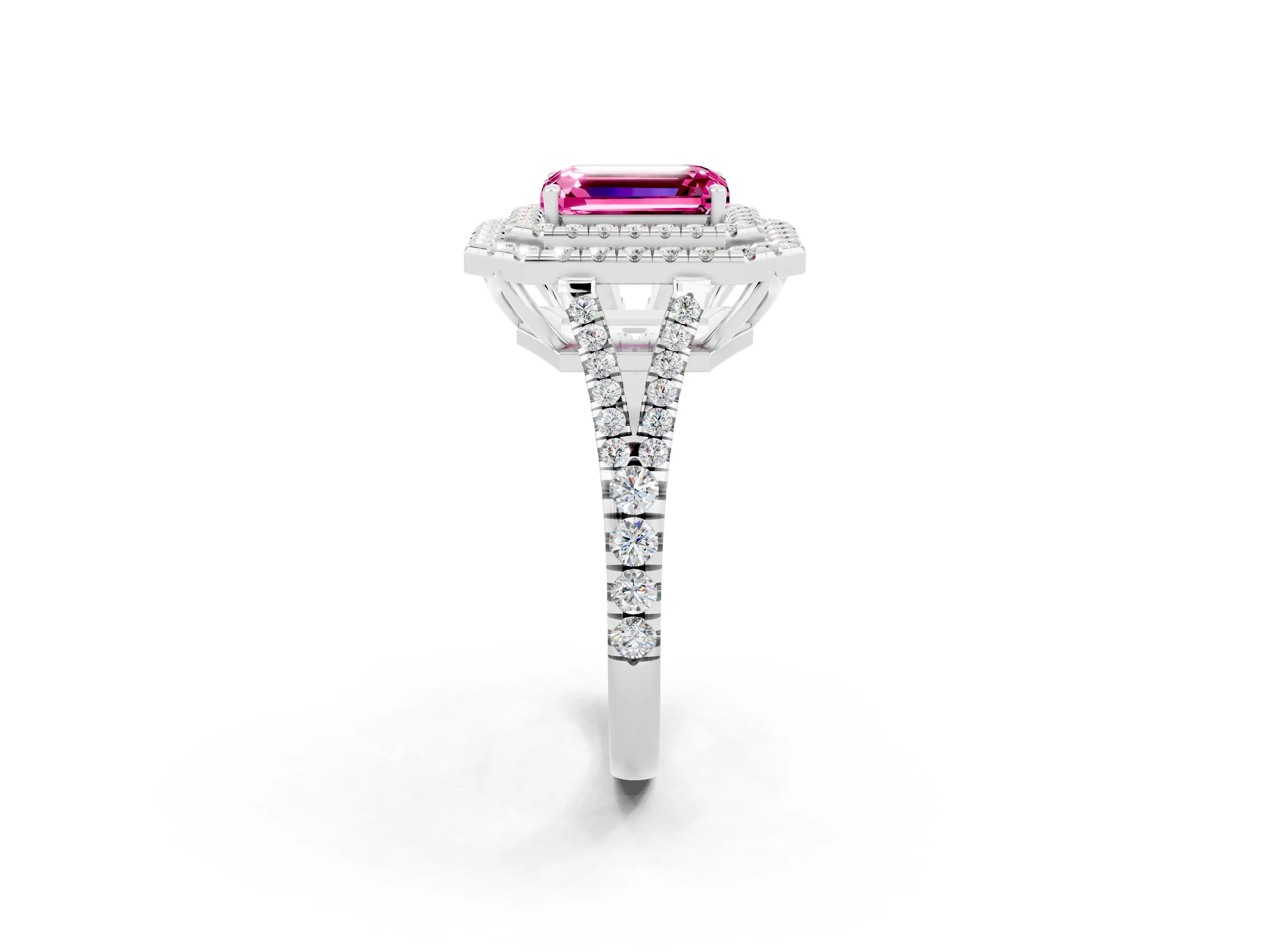 White gold Emerald Cut Pink Sapphire Double Halo Ring with Pavé Band and Prong Setting_14