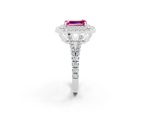 White gold Emerald Cut Pink Sapphire Double Halo Ring with Pavé Band and Prong Setting_14