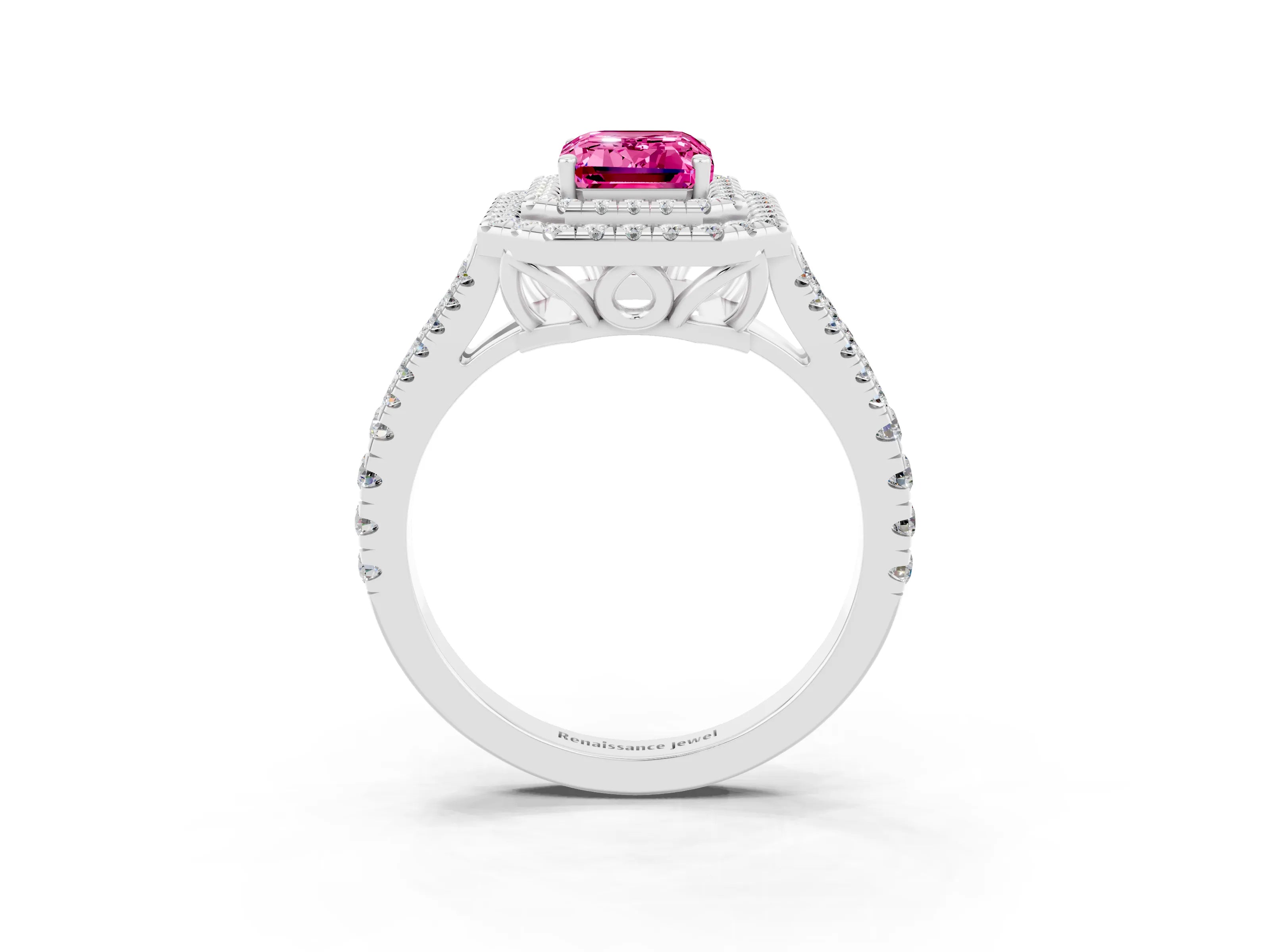White gold Emerald Cut Pink Sapphire Double Halo Ring with Pavé Band and Prong Setting_15