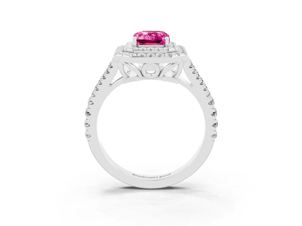 Platinum Emerald Cut Pink Sapphire Double Halo Ring with Pavé Band and Prong Setting