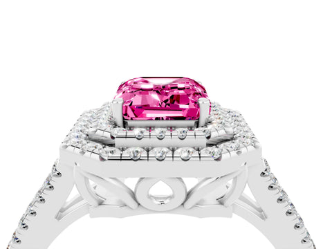 White gold Emerald Cut Pink Sapphire Double Halo Ring with Pavé Band and Prong Setting_16